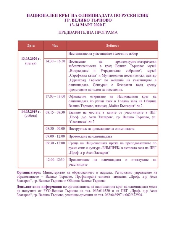 Национална олимпиада по руски език 2020 г.